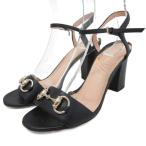 グッチ GUCCI ストラップサンダル ミュール ホースビット チャンキーヒール ハイヒール ゴールド金具 36.5 23.5cm 黒 ブラック ■IBO91