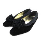 シャネル CHANEL パンプス フラットシューズ コサージュ ベルベット プリーツ 黒 ブラック 35 ■IBO91 レディース