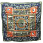 未使用品 エルメス カレ90 MUSIQUE DES DIEUX 神々の音楽 スカーフ ストール 総柄 絹 シルク100% 緑 グリーン 紺 ネイビー