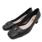 サルヴァトーレフェラガモ ガンチーニ パンプス スクエアトゥ ローヒール チャンキーヒール ロゴ金具 8 25cm 黒 ブラック ■IBO91