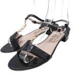 サルヴァトーレフェラガモ ガンチーニ ストラップサンダル ミュール チャンキーヒール ゴールド金具 チェーン 8 25cm 黒 ブラック