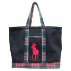 ラルフローレン RALPH LAUREN トートバッグ ハンドバッグ ビッグポニー 刺? キャンバス 切替 チェック 黒 ブラック 系 ☆AA★
