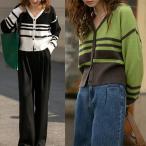 Vネックボーダーニットカーディガンセーターレディース暖かファッション秋冬エ...