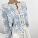 トップス レディース カーディガン 綺麗目 アジアンテイスト 長袖 ラウンドネック 襟なし 刺繍 ボタン 前開き 厚手 青 水色 ブルー ライトブルー