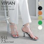 ショッピングサンダル レディース 歩きやすい サンダル レディース 歩きやすい 23年 夏即納 Vivian スクエアトゥ Ｔストラップ 細ヒール アンクルストラップ 7.5cm ヒール ブラック 黒 キレイめ 通勤