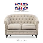 2人掛けソファ ラブソファ ラウンジモデル チェスターフィールド 英国アンティーク調 ライトグレー 合成皮革 PUレザー VINCENT VL2P101K