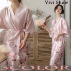 ルームウエア レディース 前開き 膝丈 部屋着 パジャマ 長袖 サテン カジュアル 韓国ファッション