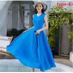 マキシワンピース レディース ワンピース 夏 シフォンワンピース Vネック リゾートワンピース 無地 ノースリーブ ワンピ 大きいサイズ