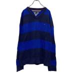 TOMMY HILFIGER окантовка хлопок вязаный свитер XL темно-синий голубой Tommy Hilfiger V шея б/у одежда . America скупка a608-6488