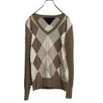 TOMMY HILFIGER хлопок вязаный свитер L Brown бежевый diamond рисунок Tommy Hilfiger V шея б/у одежда . America скупка a612-7269