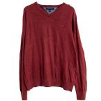TOMMY HILFIGER хлопок вязаный свитер L wine red Tommy Hilfiger Logo простой V шея б/у одежда . America скупка a701-5385