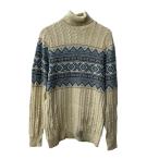 TUNDRA ウールニット セーター L アイボリー ライトブルー ウール ノルディック柄 ケーブルニット タートルネック 秋物 a710-6181