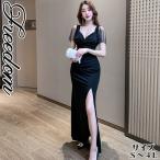 ロングドレスキャバドレスチャイナドレス大きいサイズ深V胸谷間魅せギャザ入り...