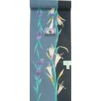 【キズ有り・特価処分品】源氏物語注染本染め(手染め)浴衣反物・グレー黒地白紫花柄(gt0q12s)