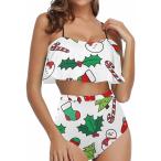 InterestPrint Cartoon Christmas with Stockings Women Flounce Bikini Set Ruffle Swimwear Two Piece Bathing Suits M　並行輸入品