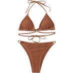 MakeMeChic Women's 2 Piece Bathing Suit Textured Halter Triangle Bikini Swimsuit Rust Brown M　並行輸入品