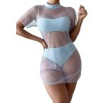 MakeMeChic Women's 3 Piece Mesh Sheer Bandeau High Waisted Bikini Set Swimsuit with Cover Up Blue S　並行輸入品