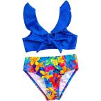 MakeMeChic Girl's 2 Piece Bathing Suit Floral Ruffle Knot Front Bikini Swimsuit Royal Blue 100　並行輸入品