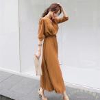 シフォンワンピース レディース 長袖 プリーツ ロング Welina（株） きれいめオフィス対応 Ａラインで上品 ロング丈シフォンワンピ 春夏の通勤コーデに