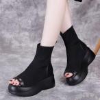 本革厚底ブーツサンダル レディース オープントゥ夏靴 Welina（株） ウェッジソール 大きいサイズ対応 仕事にも使える サマーブーツで脚長効果 おしゃれ