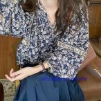 ブラウス レディース きれいめ 40代 秋新作 長袖ブラウス 花柄シャツ パフスリーブ Vネック シフォントップス オシャレカジュアル 韓国風 ゆったり 大人可愛い