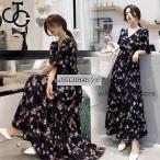 ワンピース レディース ワンピース キレイめ 膝丈ワンピース 夏 半袖 シフォンワンピ 花柄 フリル ロング丈ワンピ オシャレ 着痩せ マキシワンピース