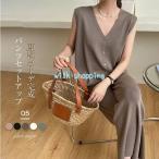 パンツセットアップ レディース サマーニット セットアップ カーディガン 袖なし パンツドレス 春 夏 夏服 上下セットアップ ワイドパンツ