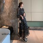 シースルー 花柄 ワンピース レディース ロングワンピース 長袖 スタンドカラー 大きいサイズ 3L フレアワンピース 黒 フリル袖 フリル襟