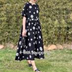 ワンピース 水玉模様 着心地良い 夏物 半袖 和モダン 森ガール風 ブラッククルーネックロングドレス aラインワンピース フレアワンピース スリムに見える リボン
