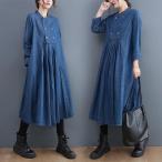 デニムワンピース ゆるワンピース レディース デニム 長袖 レトロ風 可愛い Aラインワンピース フリーサイズ 丸首 秋 コーデ ゆったり 体型カバー