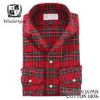 ワイシャツ ウィンザーノット イタリアンカラーシャツ フラノ タータンチェック 赤 起毛 ラウンド ワンピースカラー 日本製 綿100% | 父の日