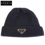 美品 PRADA プラダ UMD489S2113IM トライアングルロゴ ウール/カシミヤ ビーニー ニット帽 帽子 S ブラック レディース