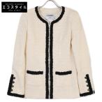 美品/ CHANEL シャネル 02年 P19407V11382 ツイード ジップアップ ノーカラー ロング ジャケット 38 ホワイト レディース