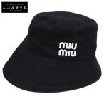 美品/国内正規 MIUMIU ミュウミュウ 5HC341 ロゴ刺繍 ドリルハット/ 帽子 ブラック レディース