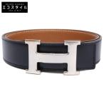 美品 HERMES エルメス コンスタンス シルバー金具 □H刻 レザー リバーシブル ベルト 80 ブラック/ゴールド メンズ