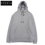 美品 BURBERRY バーバリー コットン チェック切り替え スウェットフーディプルオーバー トップス メンズ グレー L 8057010