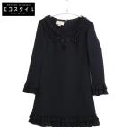 GUCCI グッチ 453999 ブラック ビジュコサージュフリルワンピース ブラック 36 ワンピース ウール レディース 中古