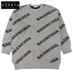 美品 BALENCIAGA バレンシアガ ALL OVER LOGO JACQUARED KNIT オールオーバーロゴ ジャガードニット ウール混 グレー S 555273 T1471