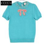 国内正規 GUCCI グッチ 501410 X9P65 カシミヤxシルク ラインストーンリボン 半袖ニットセーター S グリーン レディース