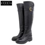 ショッピングchloe 美品 CHLOE クロエ Coddington レザー フラットロングブーツ シューズ レディース ブラック×ゴールド 37 042432E