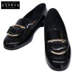 美品 Salvatore Ferragamo サルヴァトーレフェラガモ パテントレザー ガンチーニｘリボン ローファー 7D ブラック レディース