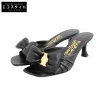 美品 Salvatore Ferragamo サルヴァトーレフェラガモ レザー ヴァラ ボウ ヒール スライドサンダル シューズ レディース 黒 ブラック 4