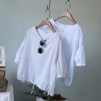 FLZ カットソー Tシャツ 半袖 プルオーバー ラウンドネックライン ストライプ パフスリーブ レースアップ キリカエ ゆるい 可愛い 通勤 モダン