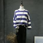 FLZ カットソー Tシャツ  長袖 プルオーバー ラウンドネックライン ボーター キリカエ カジュアル ビッグシルエット ゆるい シンプル  学院風