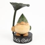 木彫り民芸品 幸せを呼ぶ小人の神さま コロポックル 台座付き 爺帽子緑 手彫り アイヌ 民族 北海道土産