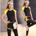 レディース ランニングウェア ショートパンツ レギンス カップ付き半そで 3点セット スポーツウエア マラソン ジム ヨガ ダイエット