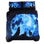 Wowelife 3D Galaxy Wolf Bedding Queen Wolf Blue Moonlight 4Pieces with 1 Du