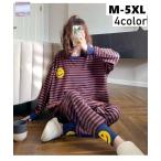 ルームウェア レディース パジャマ 裏起毛 厚手 ボーダー柄 ベルベット 大きいサイズ ナイトウェア レディース部屋着冬 上下セット LSGA070(4色M-5XL)