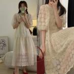 レースワンピース レディース ロング 夏 半袖ワンピース 花柄レース ワンピース 森ガール 五分丈袖 レトロ ロングワンピ ゆったり ５分丈袖 SLWC038(S-2XL)