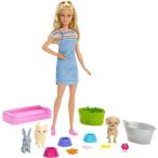 Barbie バービープレイ「n」ウォッシュペットプレイセットは金髪の人形、3枚のカラーチェンジ動物子犬、子猫とバニー、10個のペットとグルーミングアクセサリ